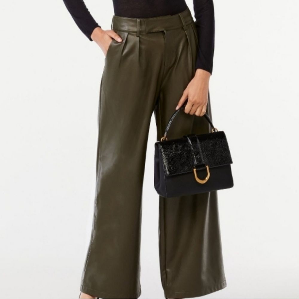 Wide-Leg Faux Leather Pants in Olive Green